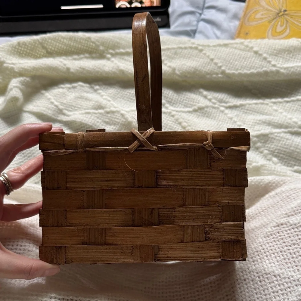 Wooden Basket with Bunny and Mushroom Design